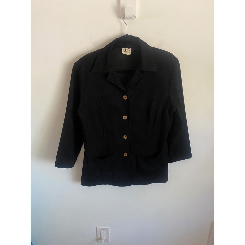 Clio Womens Vintage Black Textured Button Down Light Jacket Size Medium USA Made